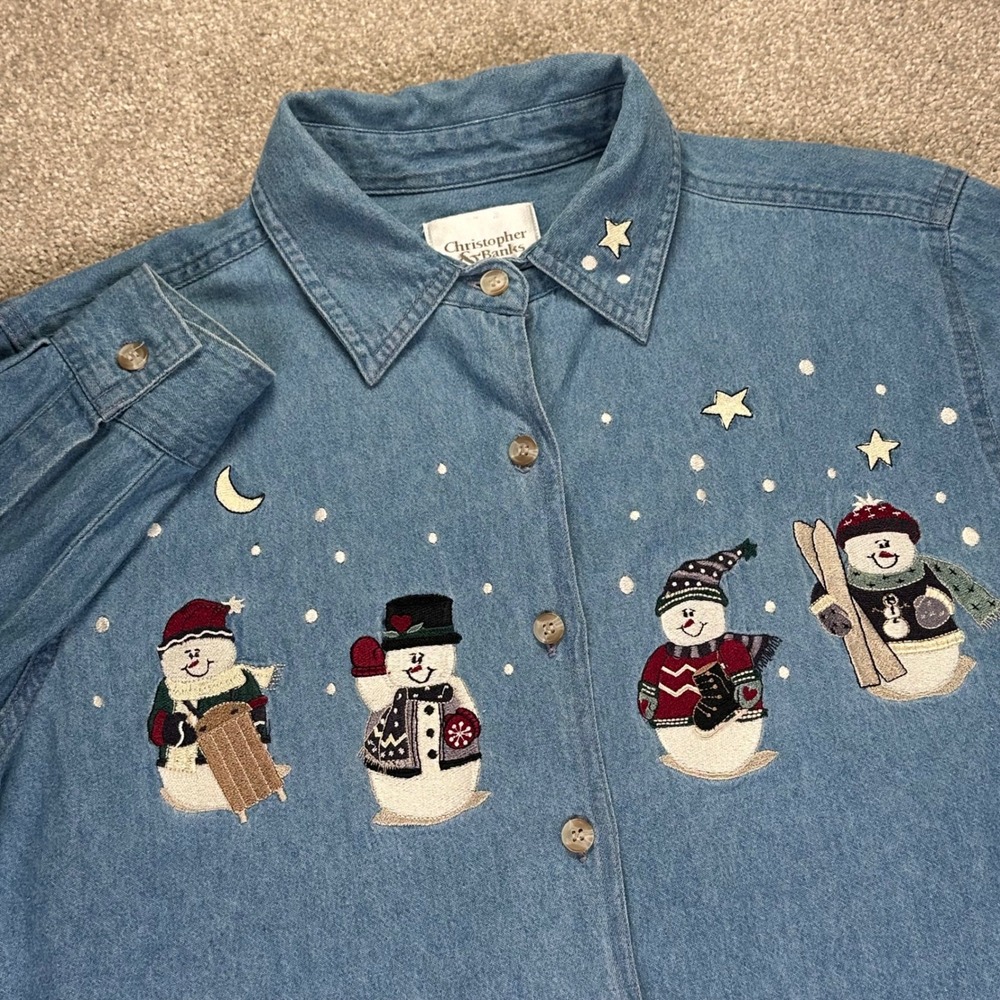 Christopher & Banks Womens Denim Shirt Snowman‎ Embroidered Long Sleeve Button
